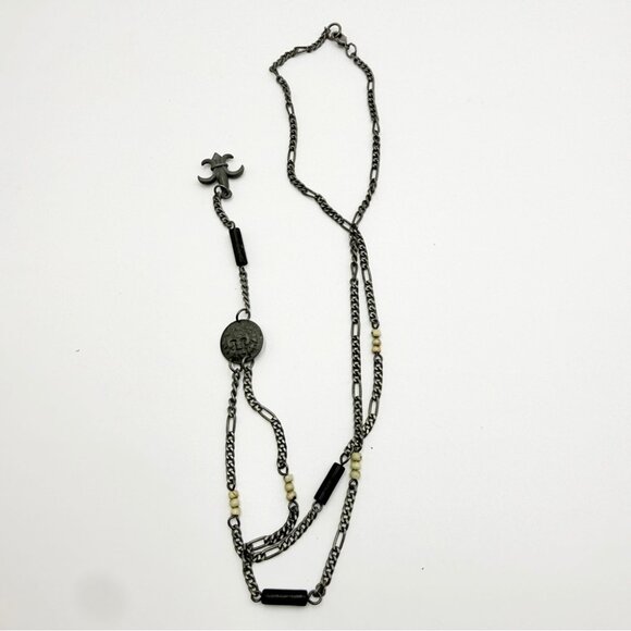 Vintage Fleur-de-Lis Y Necklace Gunmetal Chain Pendant Necklace - Picture 5 of 8